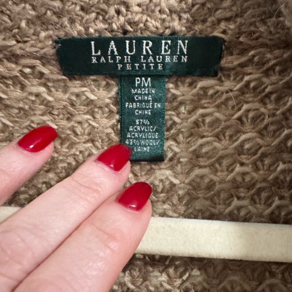 Lauren Ralph Lauren Petite Brown Waffle Knit Wool Blend Cardigan Sweater PM - Picture 2 of 7